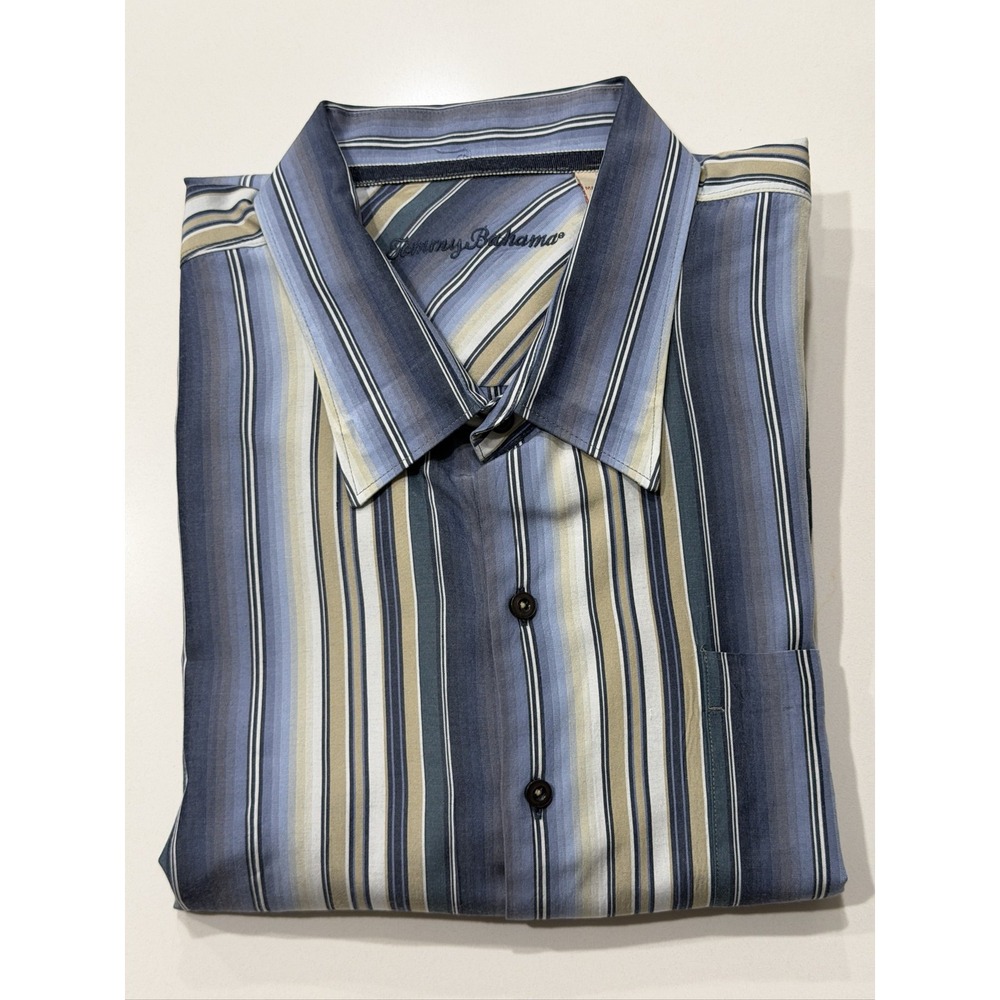 Tommy Bahama Striped Long Sleeve Silk Blend Button Up Shirt Mens 2XB Blue Tan